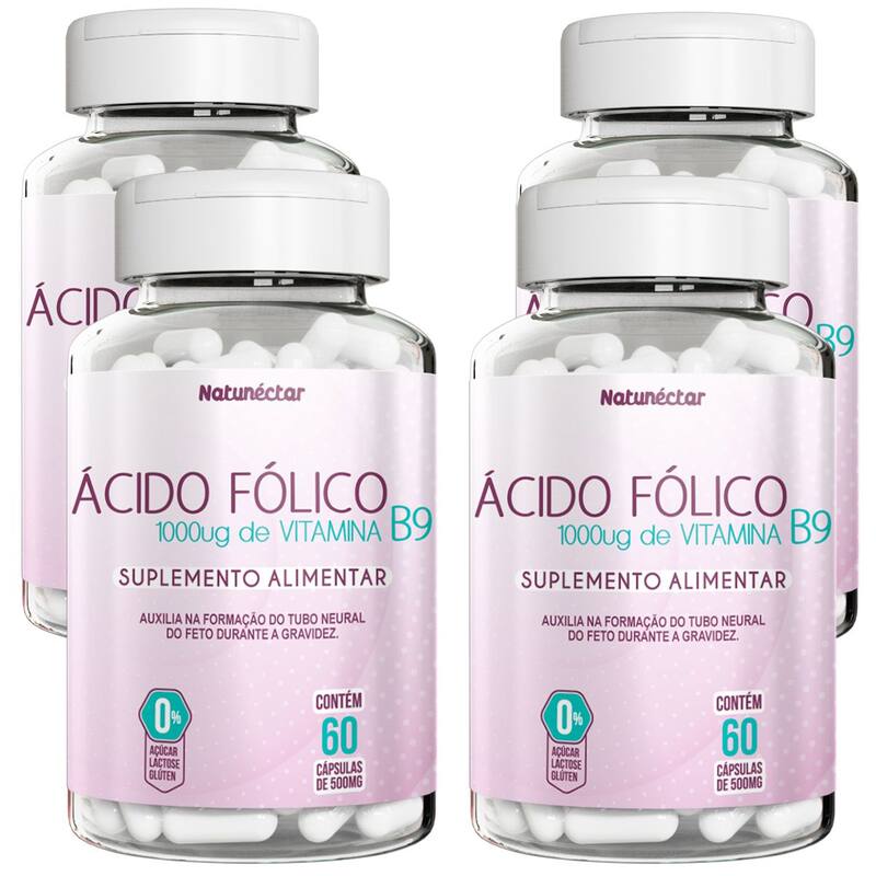 Kit 4 Potes Ácido Fólico Ativo 240 Cápsulas Gestante 1000ug Vitamina B9 ...