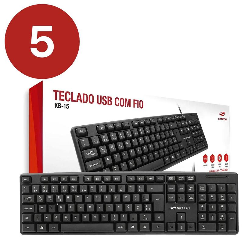 Kit 5 Teclado Com Fio USB Macio Silencioso ABNT2 KB-15BK - C3 Tech ...