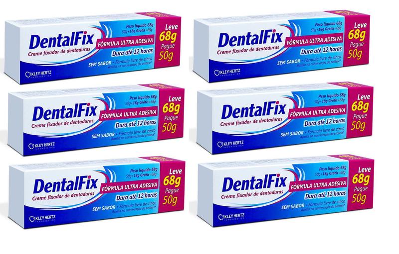 Kit 6 Dentalfix Creme Fixador de Dentaduras 68g Kley Hertz Fixador