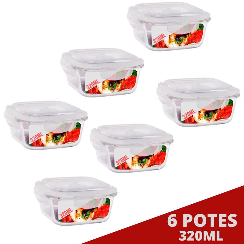 Kit 6 Pote Tampa Hermetica Quadrado de Vidro 320ml Multiuso - QUALITY ...