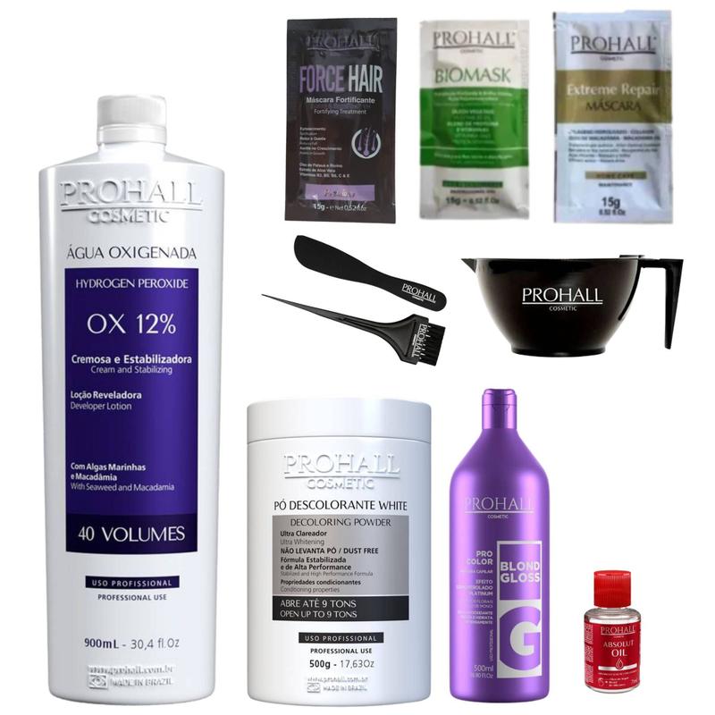 Kit agua oxigenada 40 +pó descolorante branco +matizador prohall +7 ...