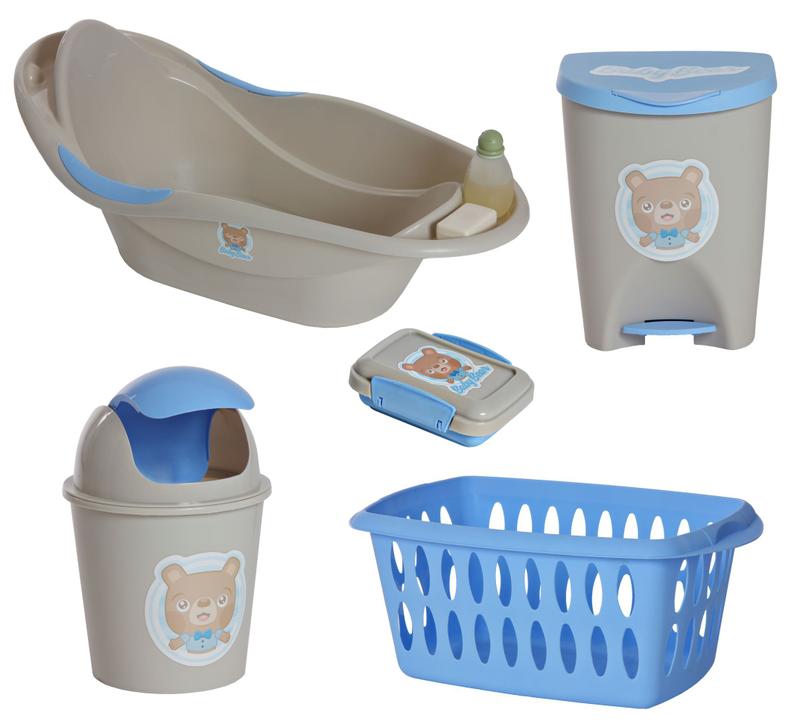 Kit Banho Baby Bebê Infantil Menino Banheira Saboneteira Cesto Lixeiras ...
