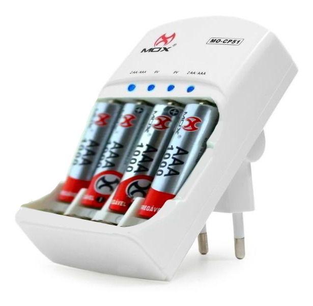 Kit Carregador de Pilhas Universal AA e AAA Bivolt MOX + 4 Pilhas ...