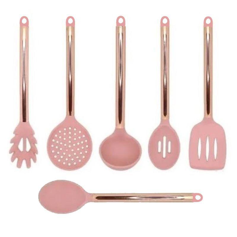 Kit Conjunto Jogo Colheres De Silicone Rosa Inox Rose Gold 6 Peças ...