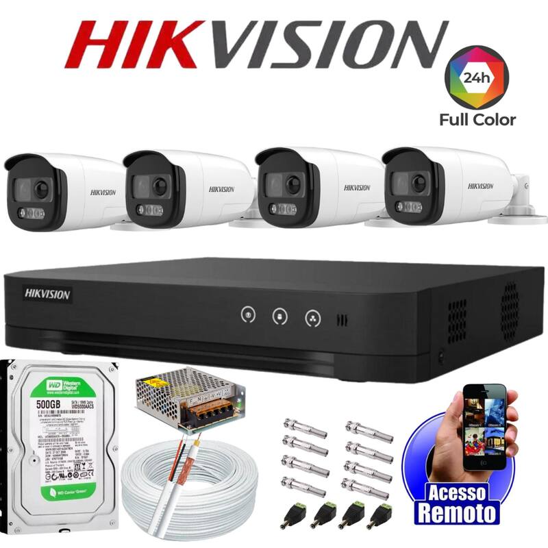 Kit Dvr Hikvision 4 Canais H.265 500GB 4 Câmeras Full Hd Colorvu ...
