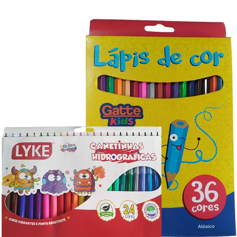 Kit Escolar 36 Lápis De Cor 24 Canetinha Infantil Papelaria - Macrozão ...