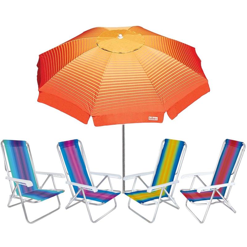 Kit Guarda Sol 2,2m Articulado Cancun Laranja 4 Cadeira 8 Posições ...