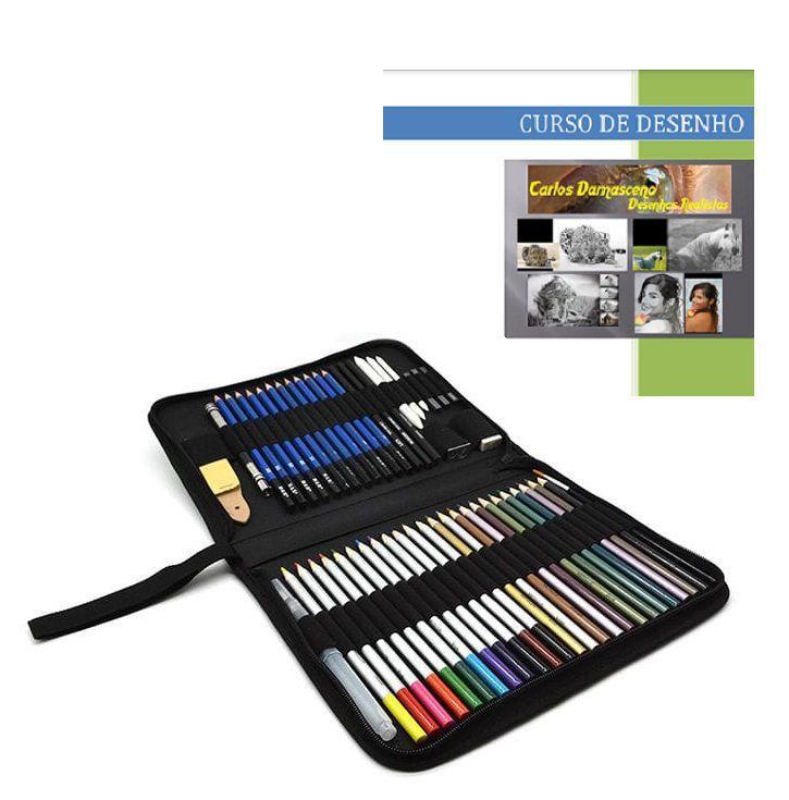 Kit Lápis Azul Desenho Estojo 51 peças Pintura Desenhista Profissional ...