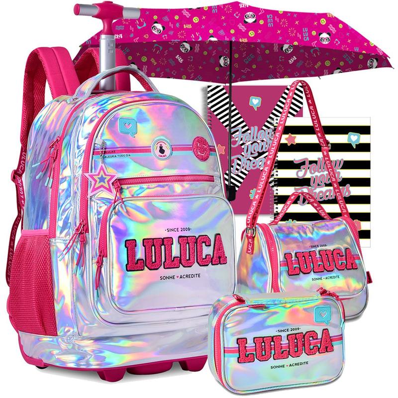 Kit Mochila Escolar Luluca Infantil Feminina de Carrinho Rodinhas ...