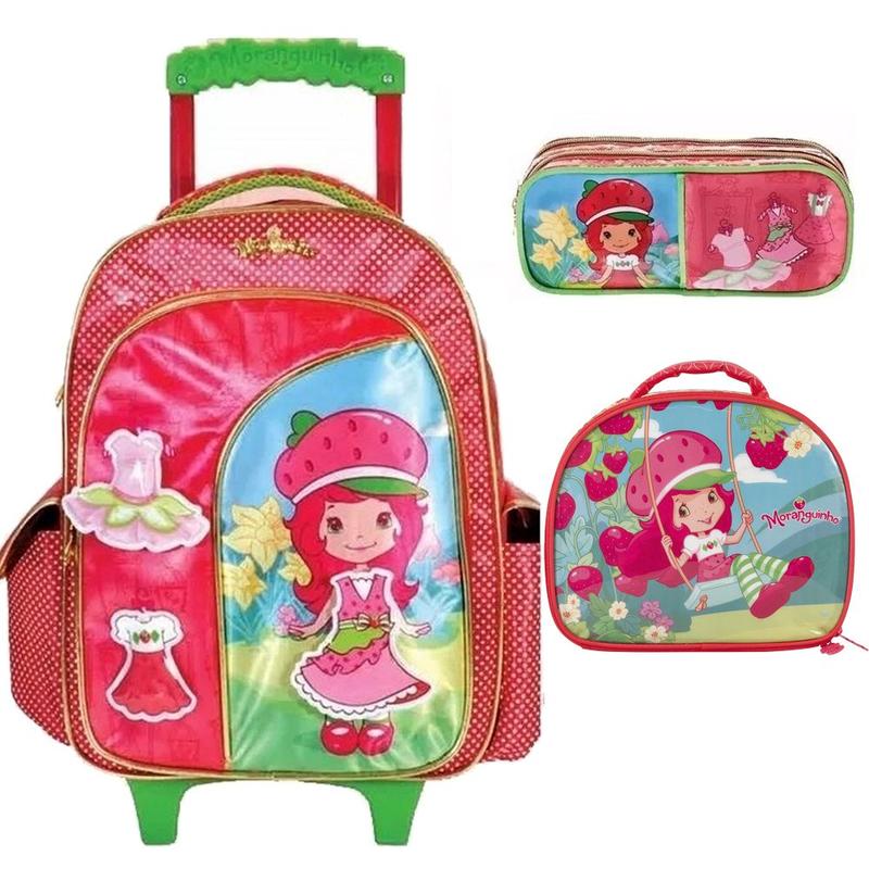 Kit Mochila Mochilete Escolar Moranguinho Infantil Tam G Rodinha ...
