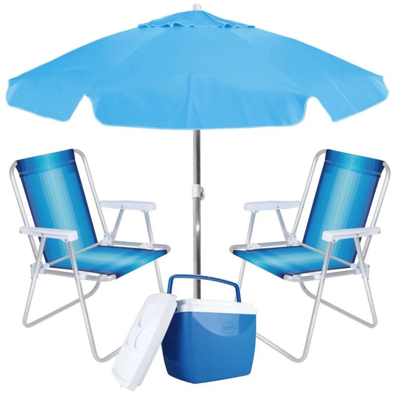 Kit Praia Guarda Sol Azul + 2 Cadeiras de Praia + Caixa Termica 18 ...
