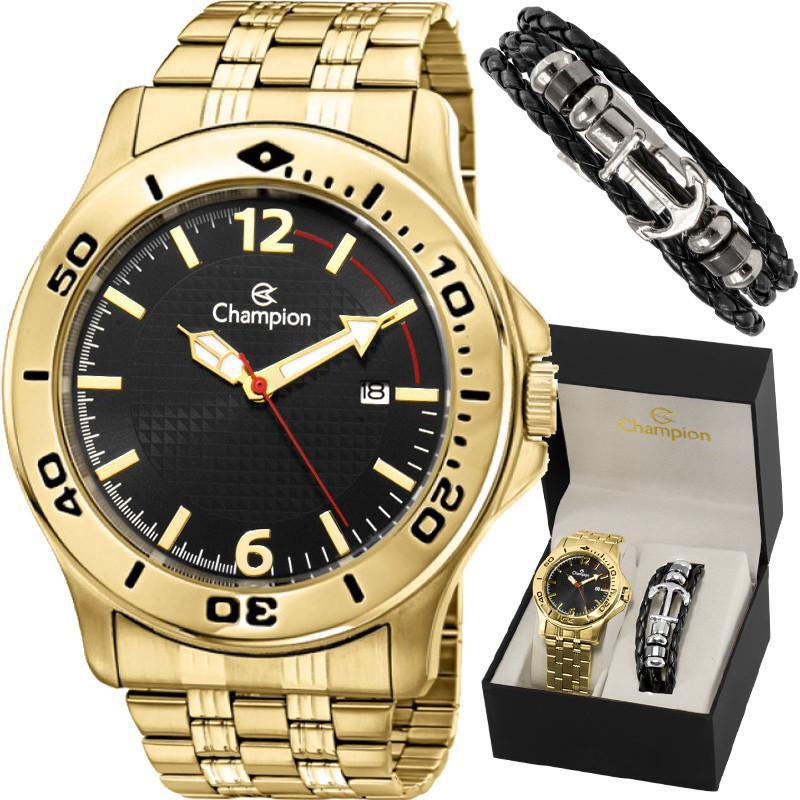 Kit Relógio Champion Masculino Dourado com Pulseira CA30221C Analógico ...