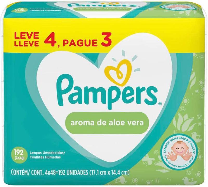 Lenço Umedecido Pampers Aloe Vera Kit 4 pacotes com 48 unidades cada