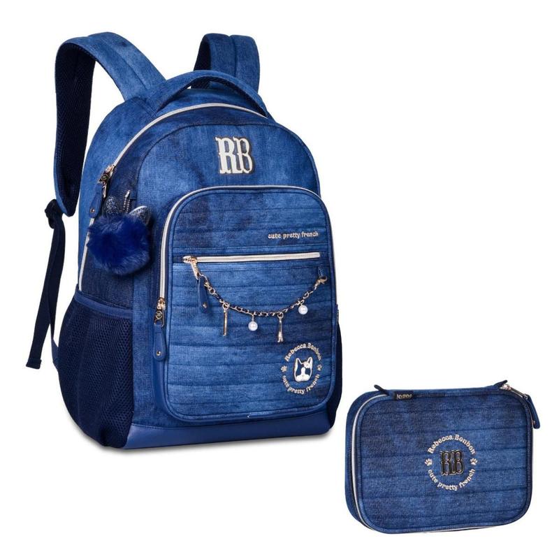 Mochila Escolar Jeans RB Rebecca Bonbon Com Estojo Box e Pompom ...