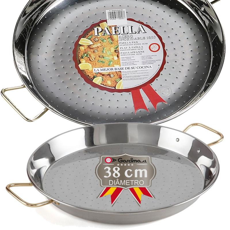 Paellera In Acciaio Lucidato 38cm San Ignacio - Per 8 Persone, Base 33cm Per Fuoco Vivo