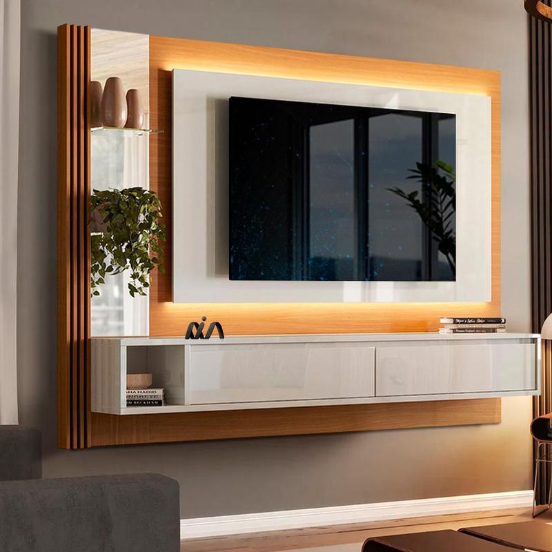 Painel Grande Com LED E Espelho TV Até 65 Polegadas Marrom Off White ...