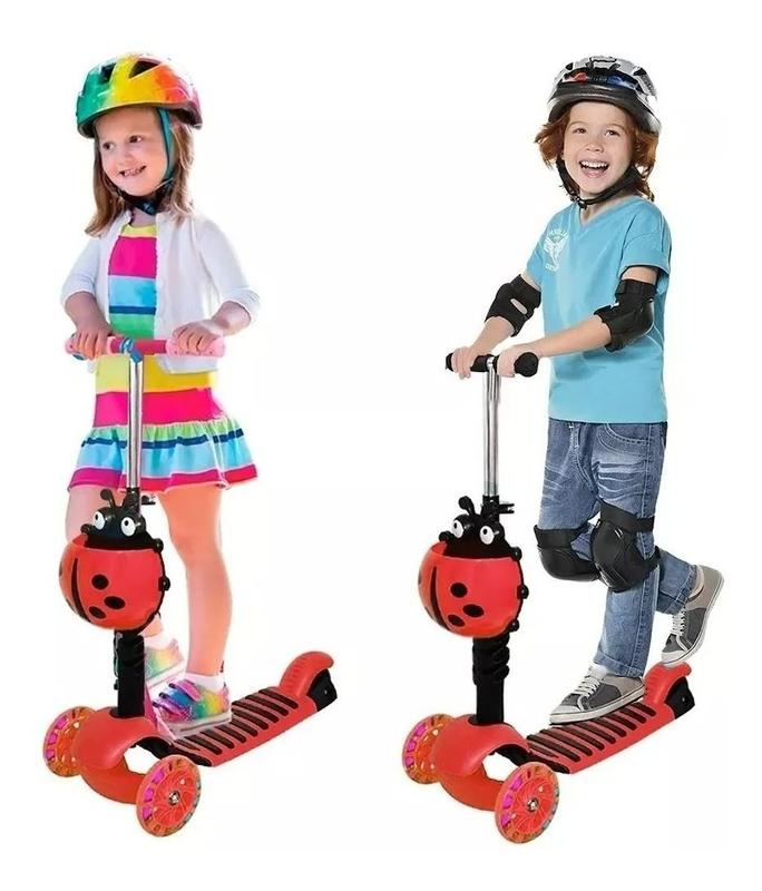 Patinete de Criança Infantil Joaninha 60kg Cesto Luzes Rodas 2 Em 1 Com ...
