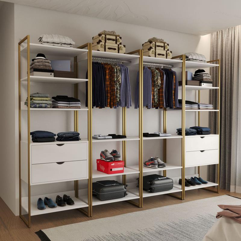 Quatro Modulos Para Closet Industrial Ferro Dourado MDF Branco ...