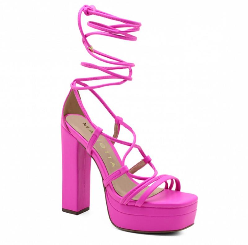 Sandália Plataforma Alta De Amarração Salto Grosso Rosa - Mariota ...
