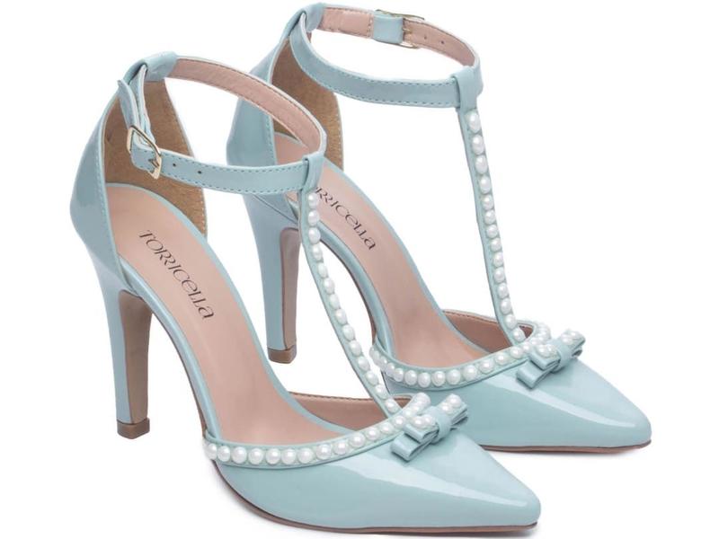 Sapato Scarpin Salto Alto Bico Fino Pérolas Para Festa - Azul ...