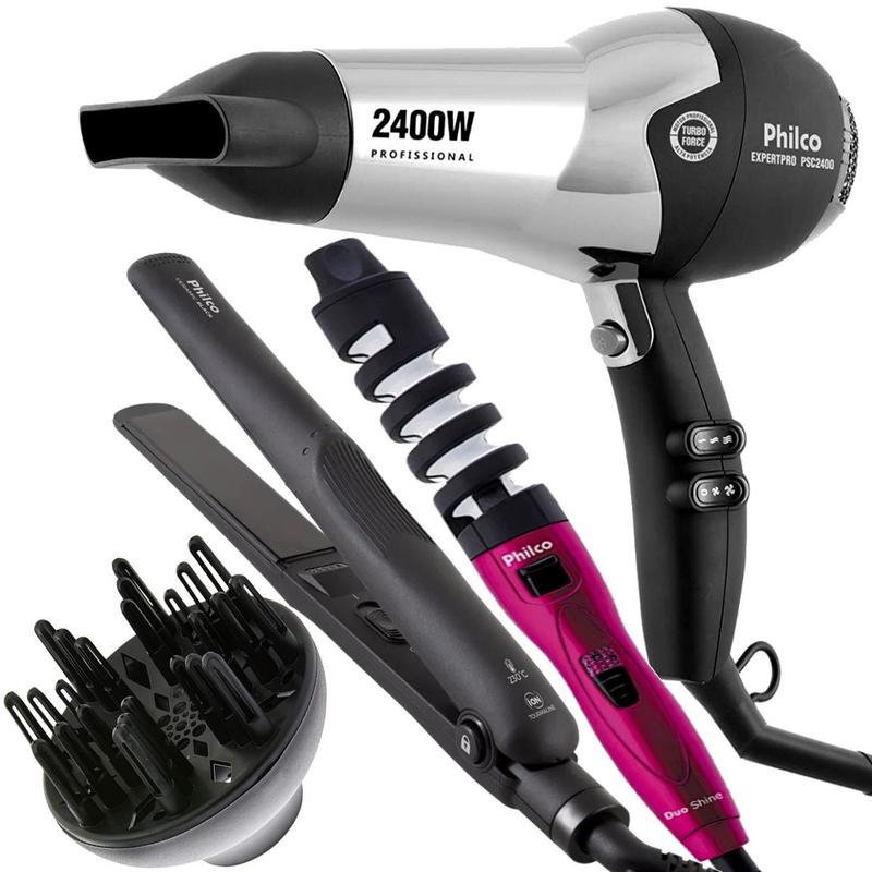 Secador profissional 2400w modelador duo prancha black - Philco - Kit ...