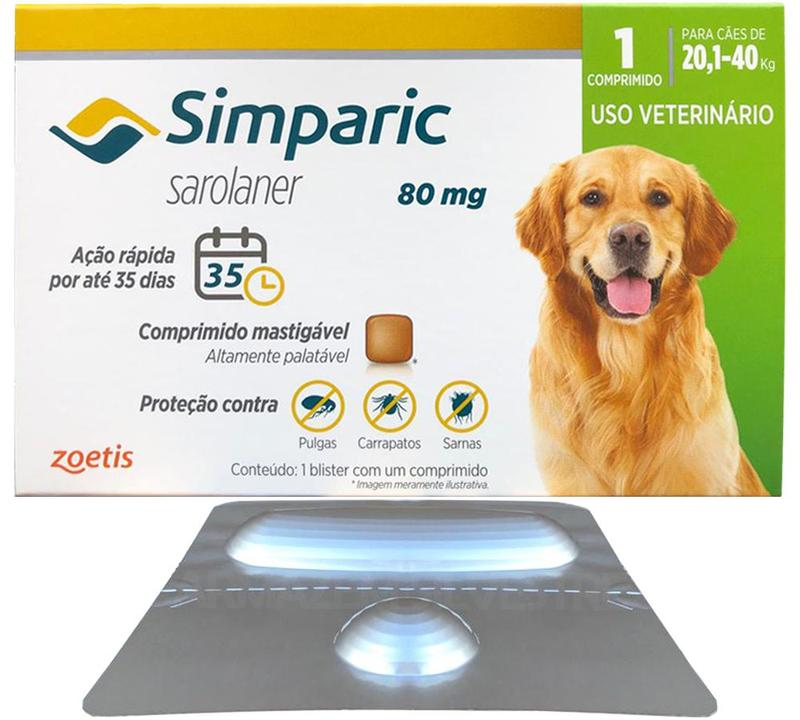 Simparic 20 a 40 Kg 80mg 1 Comprimido Mastigável Palatável Pulgas ...