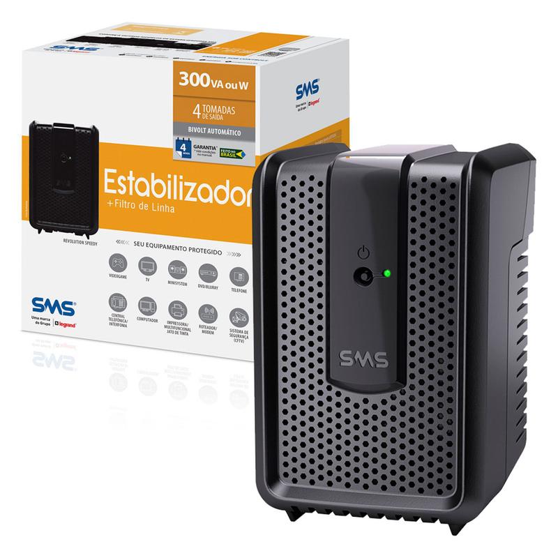 SMS Estabilizador 300W + filtro de linha 4 tomadas de saída (bivolt ...