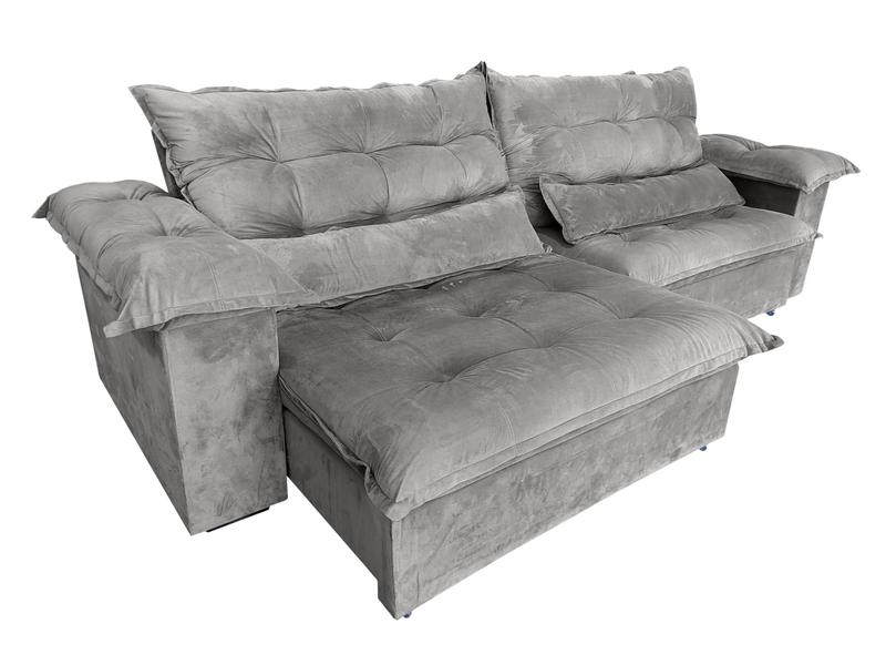 Sofá Retrátil e reclinável Pillow Top Cinza Veludo Fibra