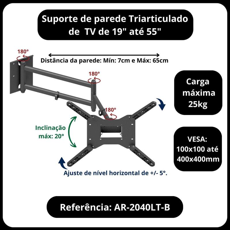 Suporte para TV lg, sansung, universal de parede com 3 articulações de ...