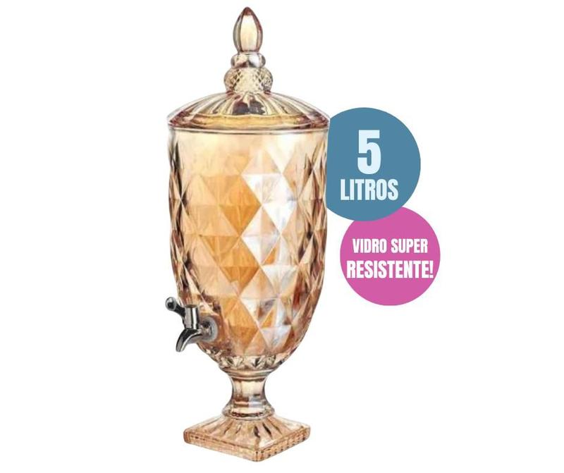 Suqueira de Vidro Dourada Com Torneira e Dispenser Suporte 5 Litros ...