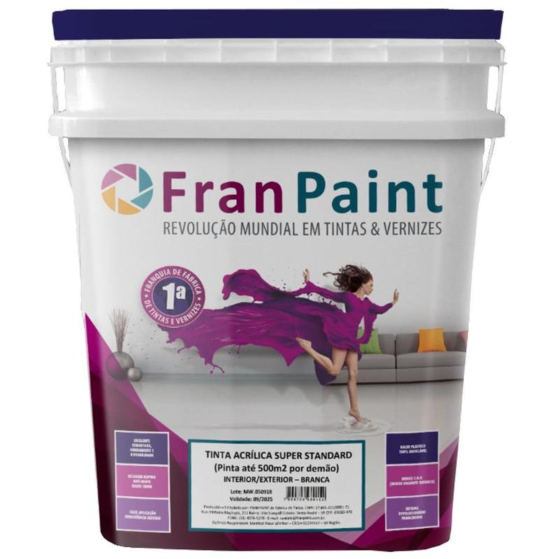 Tinta acrilica branca fran paint super standard 18 litros - ate 500m² ...