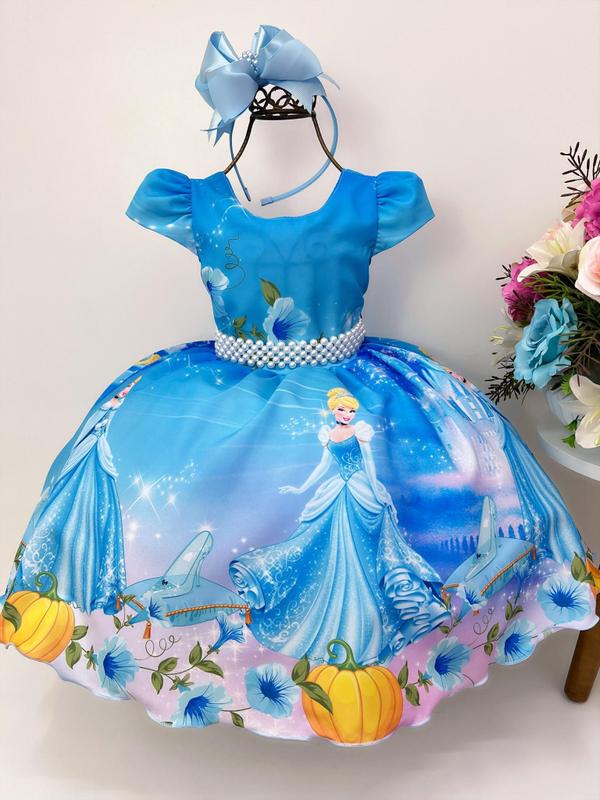 Vestido infantil tematico cinderela azul cinto pérolas luxo princesas ...