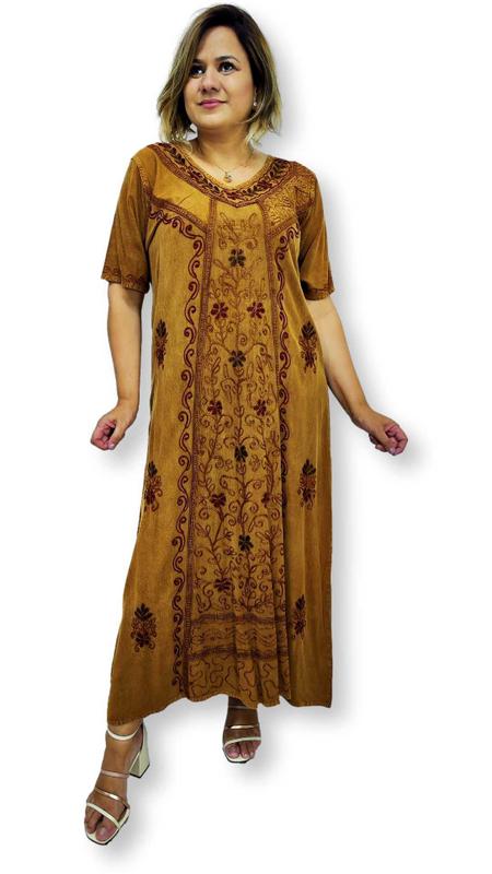 Vestido Longo Indiano Manga curta Estonado Bordado 10077 - Sarat Moda ...
